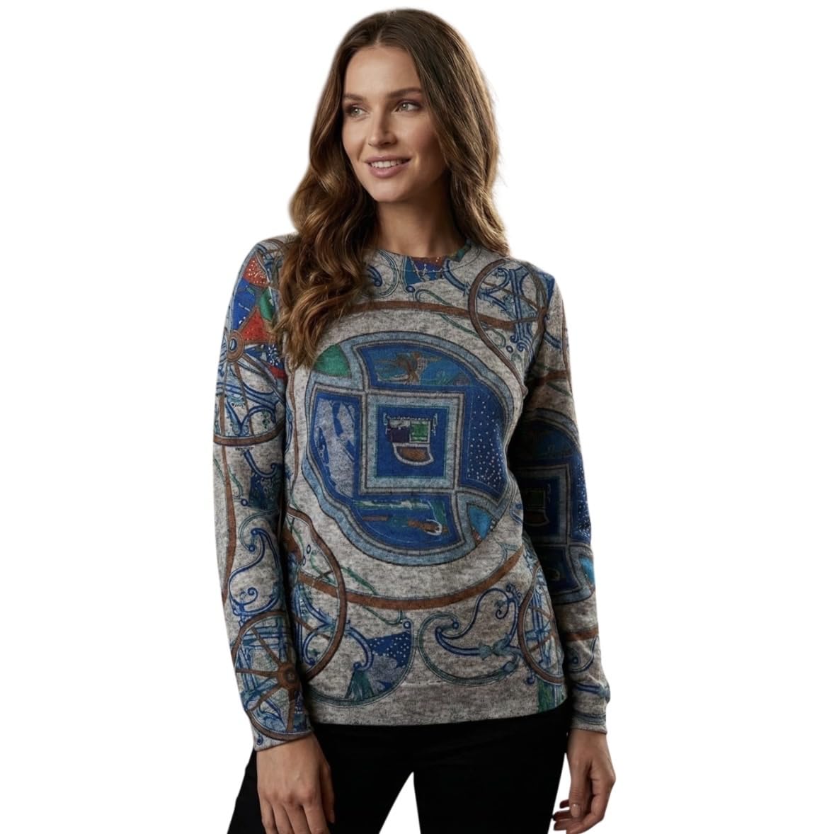 Women’s Light Grey Soft Knit Pullover Crew Neck Diamond Pattern 3/4 Sleeve Sweater S/M-image-11