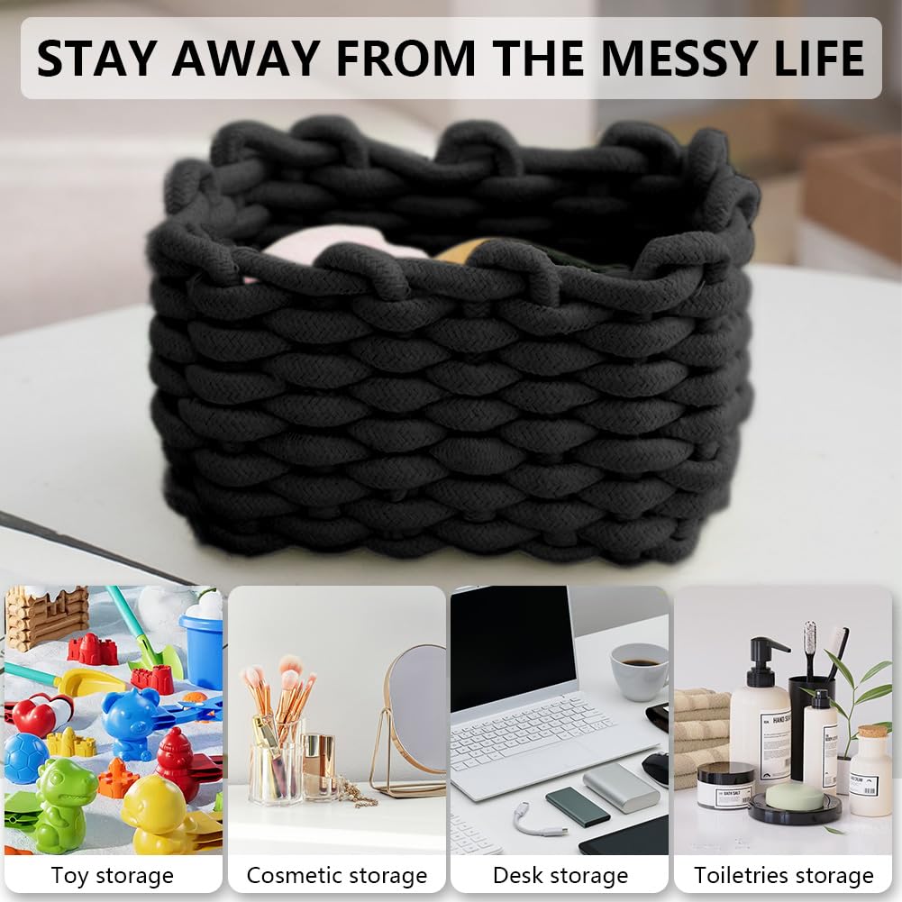 Aolso Cesto Portaoggetti in Corda di Cotone Intrecciato, 2pcs Contenitore Bagno Portaoggettii, Cestino Cameretta,Cestini Decorativi Quadrati per Portaoggetti per Trucchi,Giocattoli, Calzini, Nero