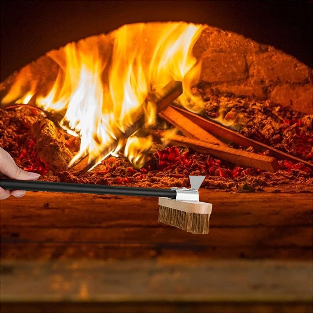 Pizza Oven Brush with Scraper Brass Bristles Pizza Brush for Ideal for Pizza Oven Peels, with Long Handle and Rotating