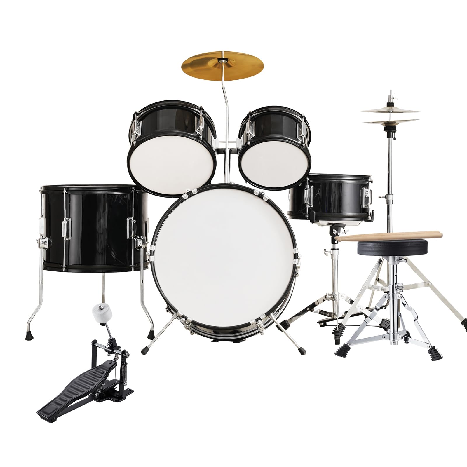 Happybuy 5-Piece Kids Drum Set, 16-inch Beginner Full Kit with Bass, Toms, Snare, Floor Drum, Adjustable Throne, Cymbal, Hi-Hat Pedal & Drumsticks, Starter Kit for Children, Black