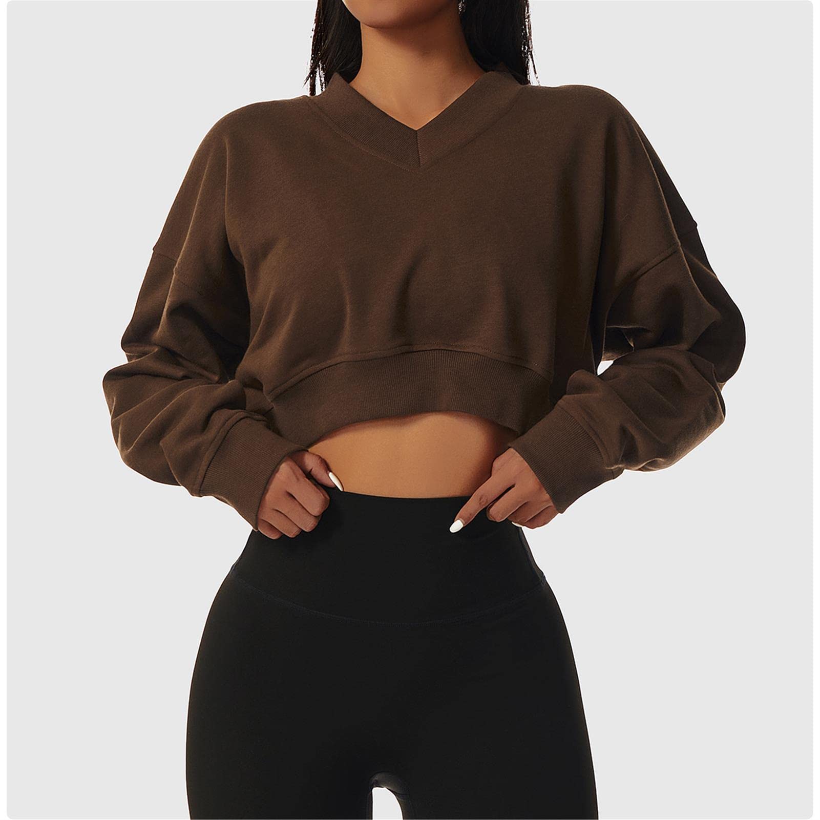 Damska luźna bluza sportowa z długim rękawem dekolt w serek sweter na co dzień topy crop trening gorset kurtka outdoorowa odzież fitness, brązowy, 10/M