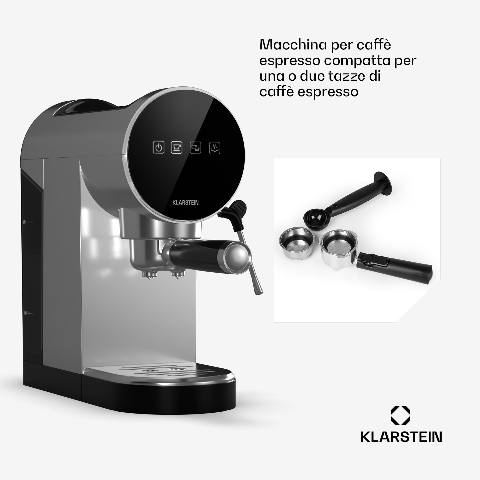 KLARSTEIN Macchinetta Caffe Espresso 0.9L, Macchina da Caffè, Caffè Espresso e Cappuccino, Macchina Caffè Barista 20 Bar In Acciao Inossidabile per Caffè Latte e Macchiato, 1360W con Montalatte