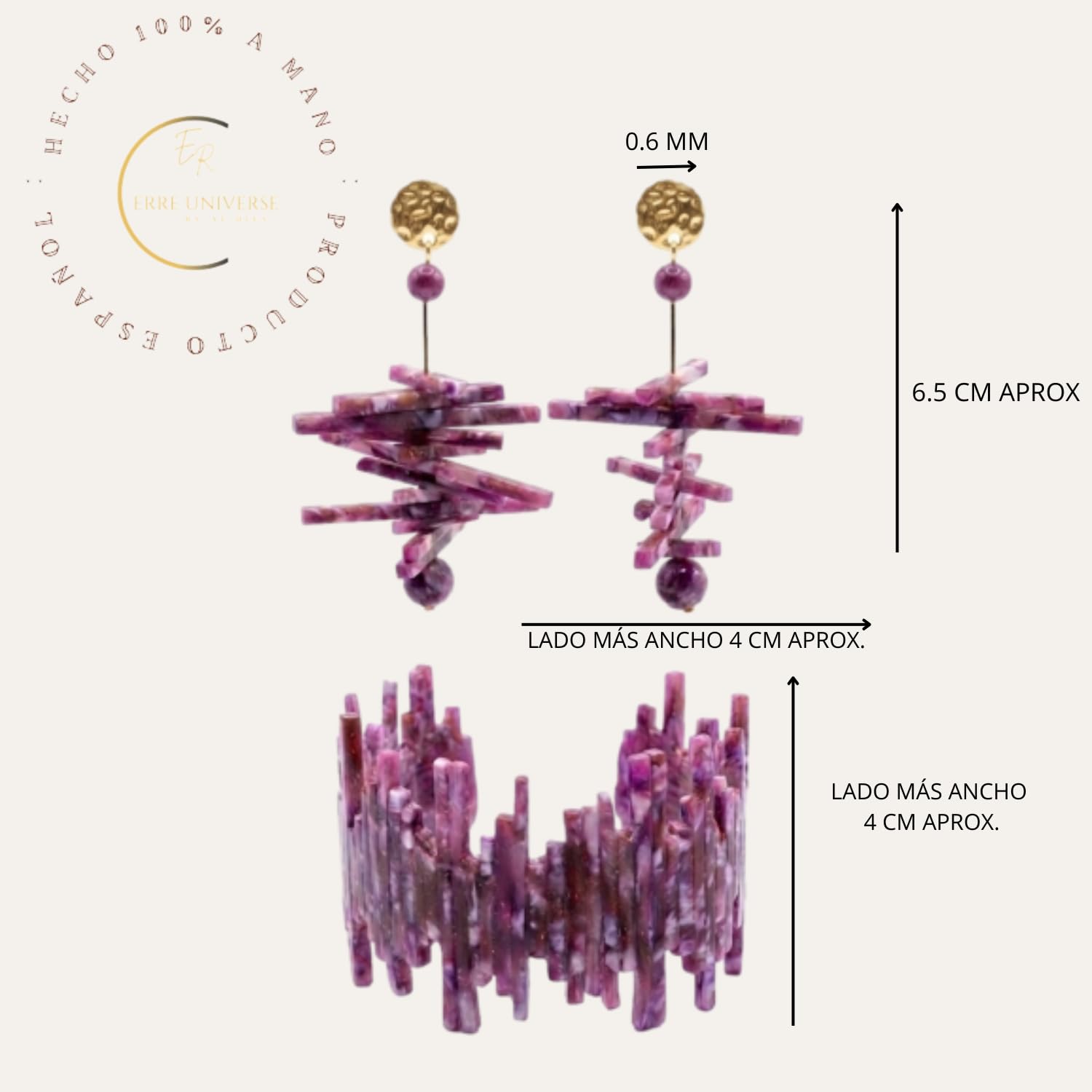 Pendientes Largos de Arcilla Polimérica Efecto Piedra Violeta – Pendientes Colgantes Geométricos Hechos a Mano con Enganche de Acero Inoxidable Hipoalergénico