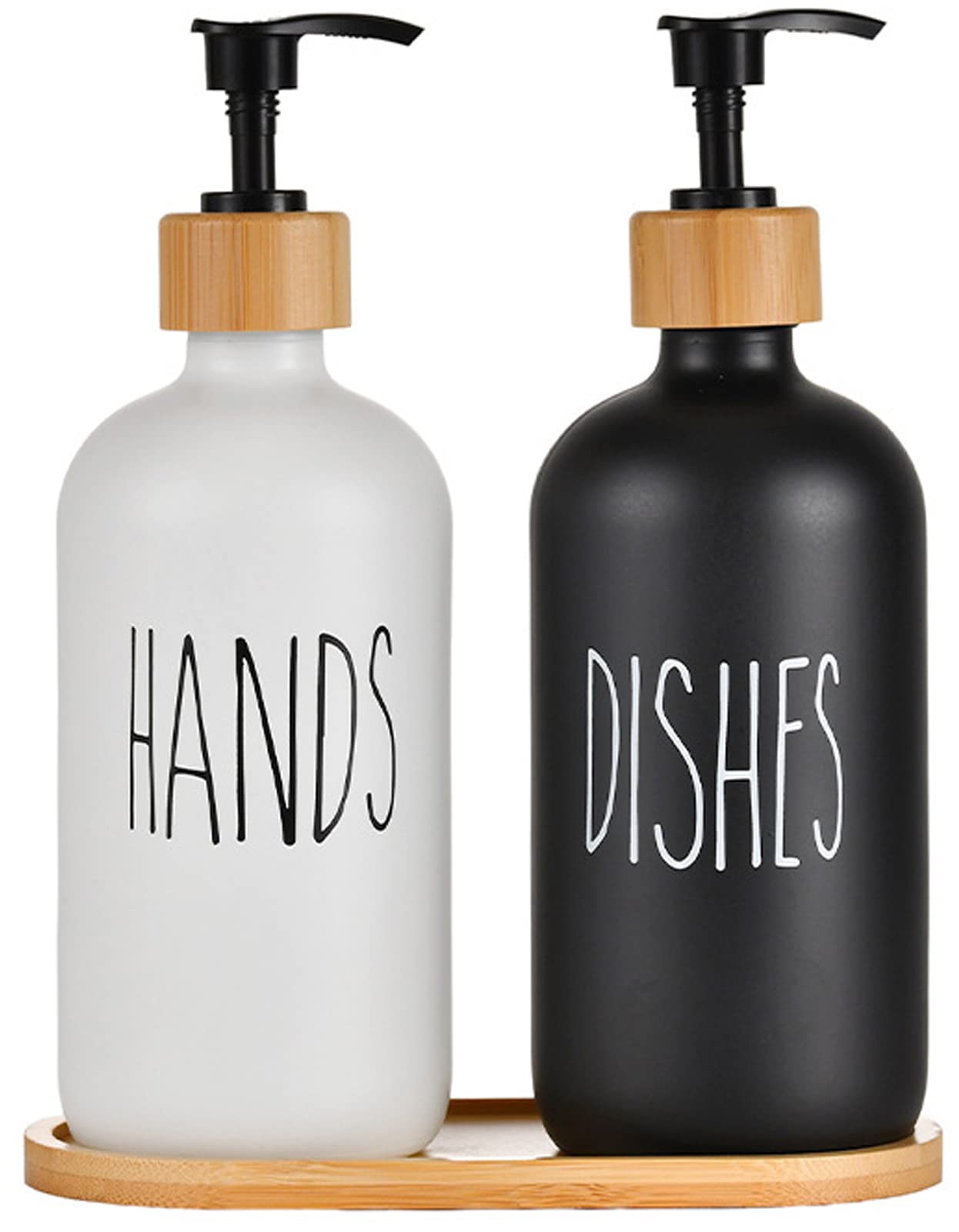 U-HOOME Glass Soap Dispenser Set, Bathroom Countertop Hand Soap Dispensers and Glass Dish Soap Dispenser with Tray,Kitchen Soap Dispenser Set for Farmhouse Bathroom and Kitchen Decor (hand+dish)