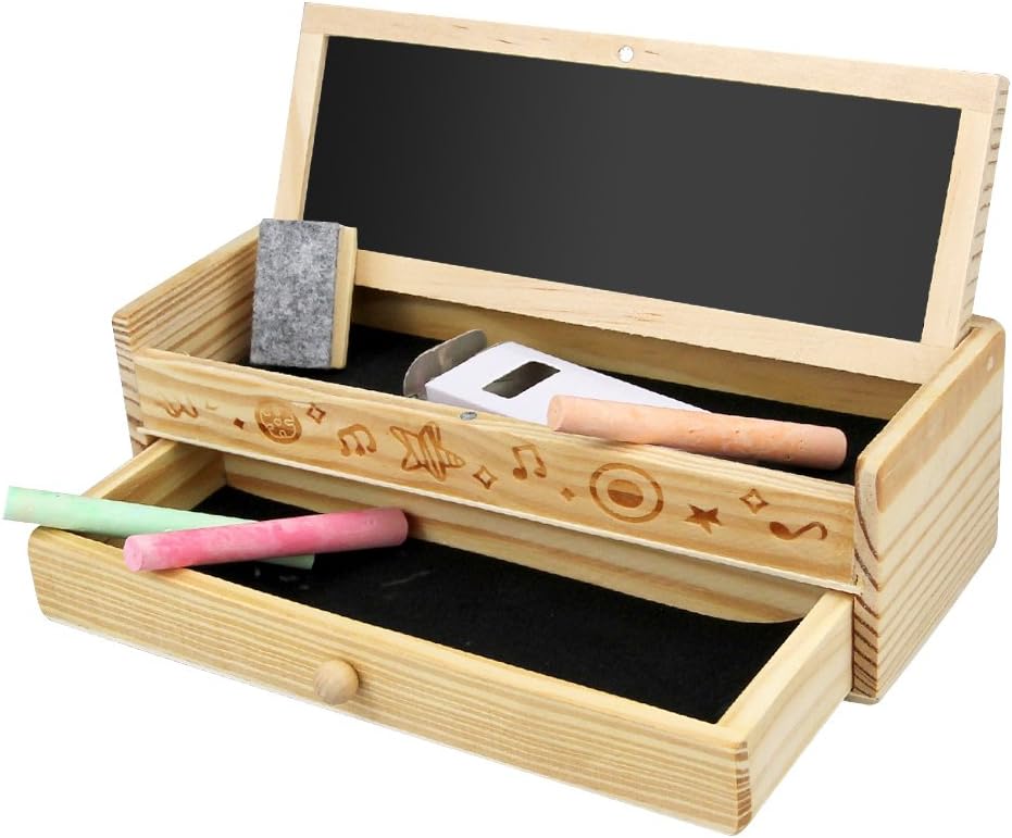 GBDONE Wooden Pencil Storage Box Kids First Chalkboard Art School Kit with Chalk and Mini Eraser