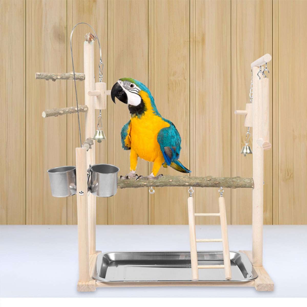 ABOOFAN Parco Giochi per Uccelli con Giocattoli da Masticare in Legno di Pepe, Trespolo da Pavimento per Pappagalli e Parrocchetti, Supporto Stabile con Piattaforma Interattiva e Ripiano
