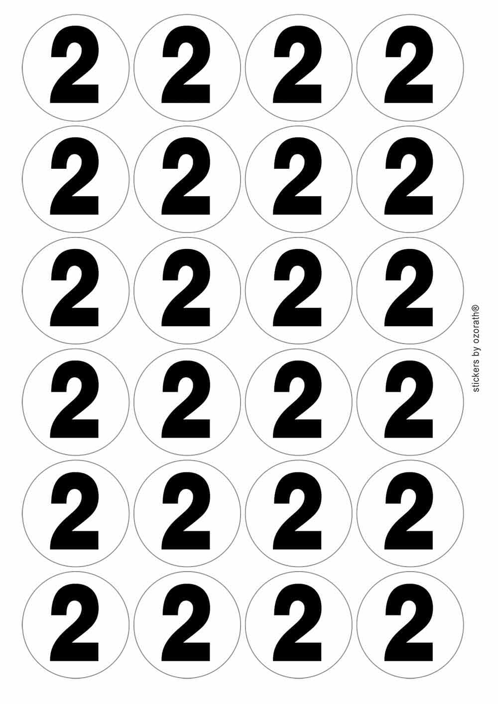 Plain Number 2 Two Circular Matt Paper Stickers A4 Sheet of 24 (Each Sticker is 45mm Diameter)
