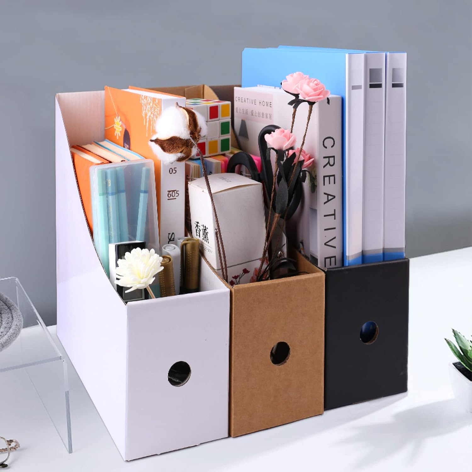 Limitliho 6 Pack White Cardboard Magazine Holder for Desk or Shelves | 10.6''H×10.2'L×3.5''W Cardboard Magazine Holder with Label for Storing Magazine,Book, Folder,Book Organizer for Desk or Shelf