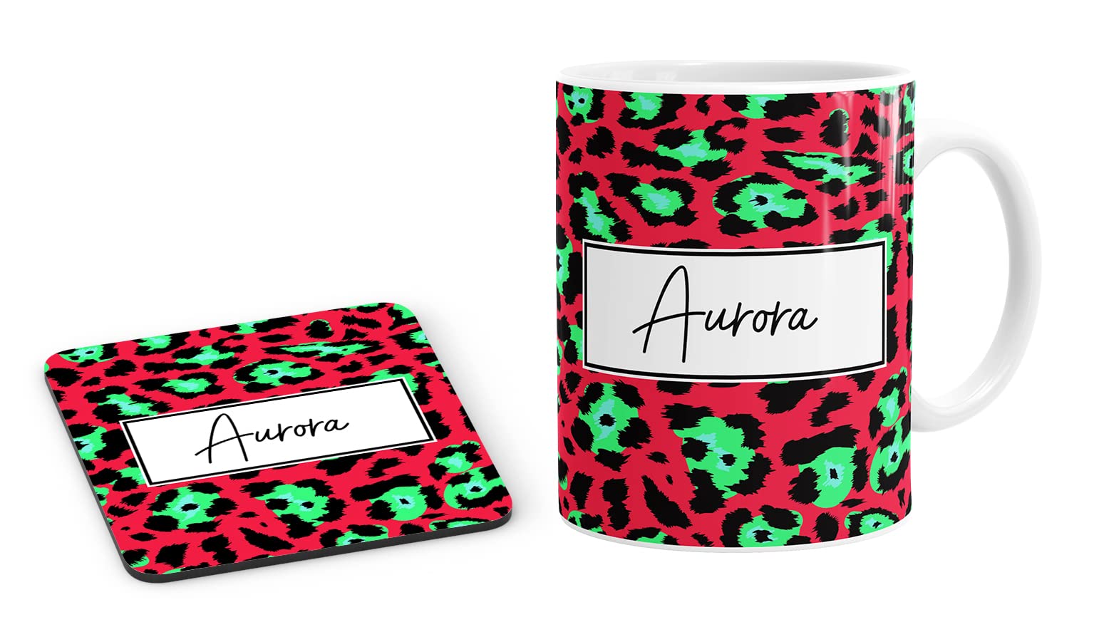 Daytripper Personalised Leopard Print Mug Cup Custom Name Coffee Tea Cup Colourful Animal Print Gift Coaster for Her -Design-5