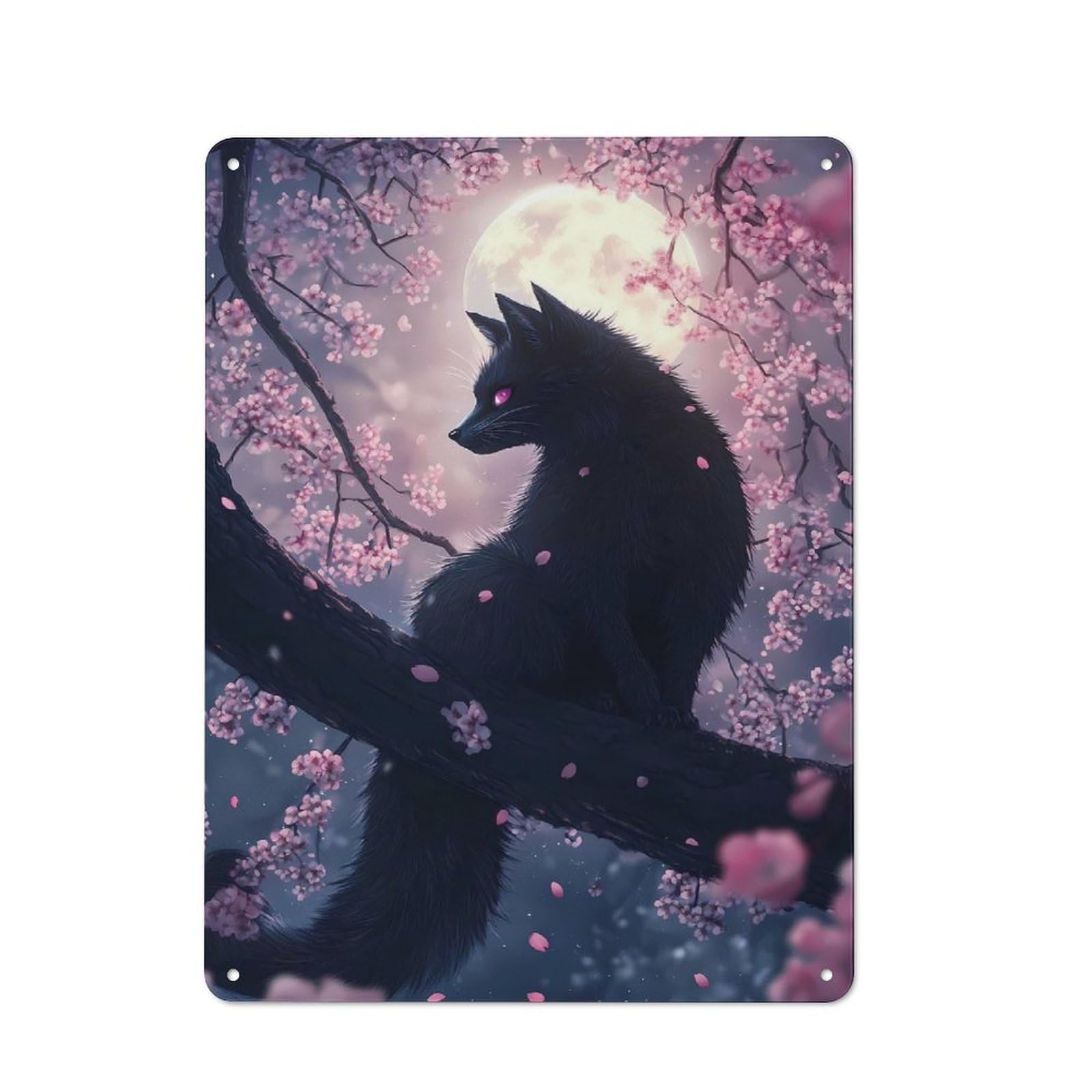 Metal Plaque 40x30cm with Japanese Black Fox Kitsune Cat in Cherry Blossoms for Pub Or Café, Retro Decor, for Pub Decor Enthusiasts Refreshing A Room in Autumn