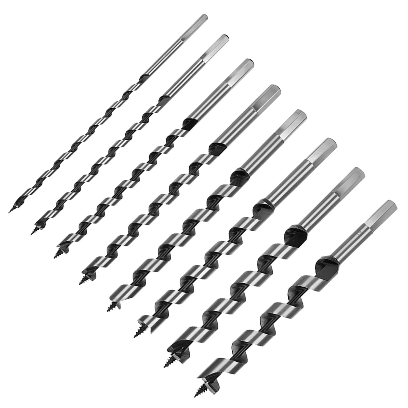Juego de brocas helicoidales de acero al carbono con estuche de madera y vástago hexagonal mecanizado para taladros eléctricos y barrenas.