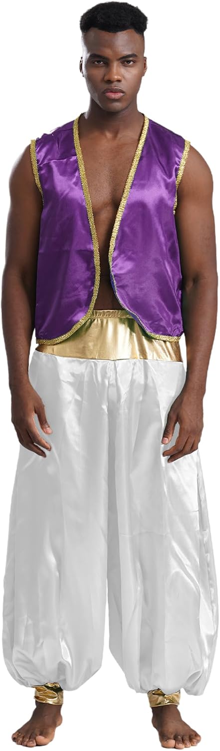 Men's Arab Prince Desert Costume Waistcoat Tunic Pants Adult Halloween Cosplay Fancy Dress Clothes