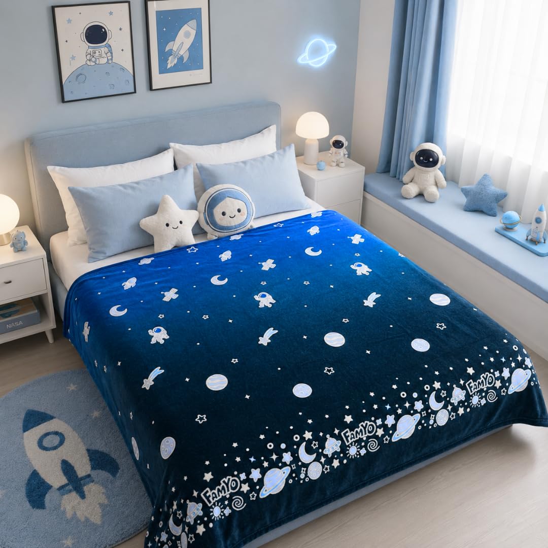 Famyo® GlowMaxx AC Blanket for Adults, Glow in the Dark Soft Flannel Blanket | 200×152 cm Double Bed Size | Lightweight Summer Blanket for AC Rooms, Lab-Tested & Skin-Friendly (Dark Blue)-image-19