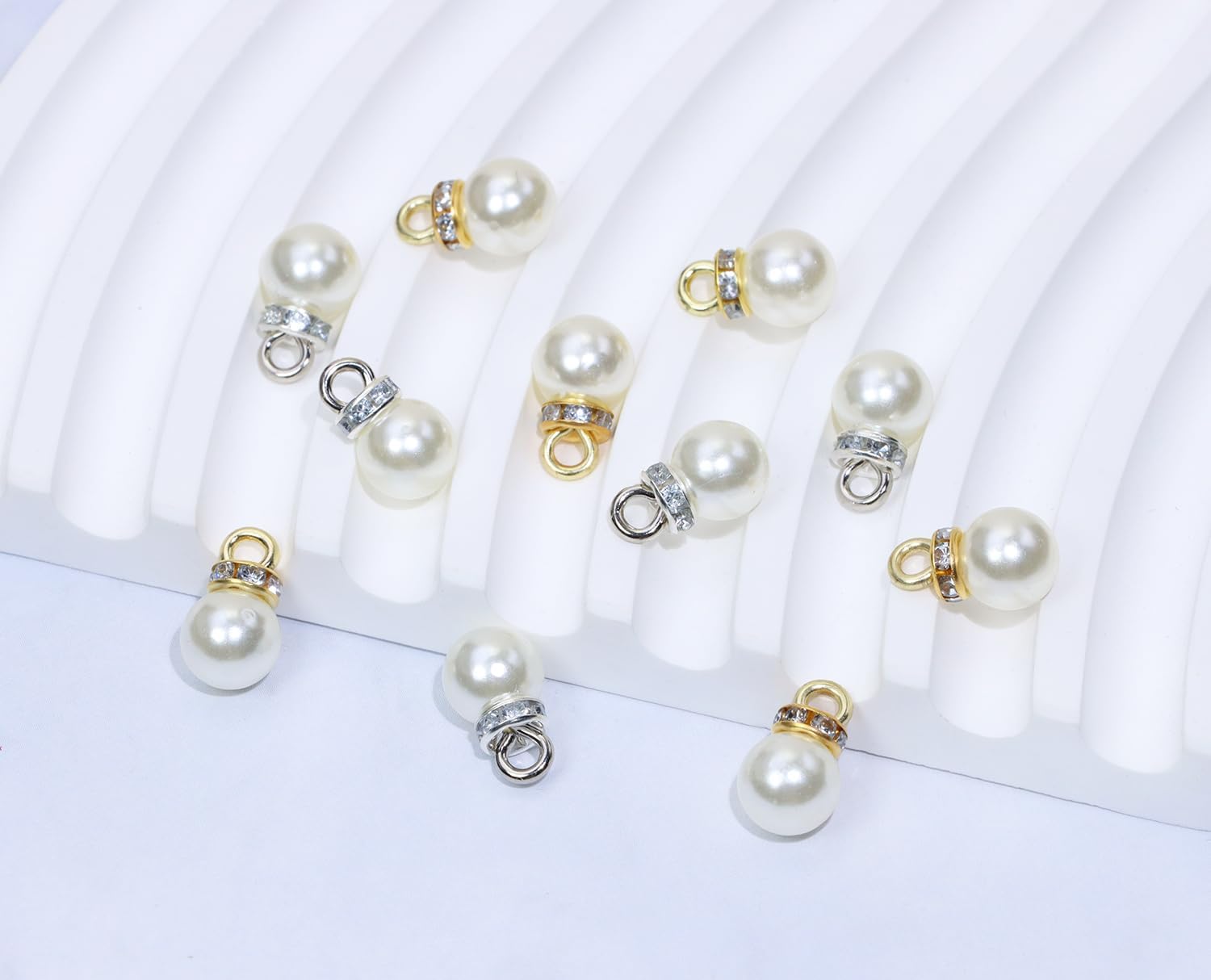 Tupalizy Pearl Charms Faux Pearl Beads with Rhinestones Pendant Decor for Bracelets Jewelry Making Necklaces Earring Keychains DIY Crafts Gifts Wedding Accessory, 20PCS Silver and 20PCS Gold - Image 3