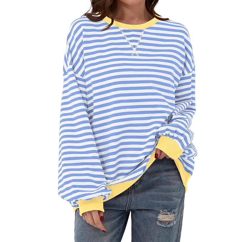 Hanaoops Sudadera Mujer de Manga Larga con Cuello Redondo Oversized Sudaderas de Rayas con Bloques de Color Casuales Holgada Sweatshirt Jersey Moda Y2K Camisa Top sin Capucha