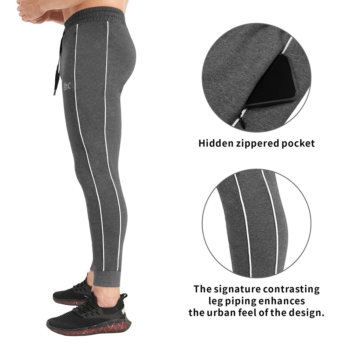BROKIG Men's Slim Fit Workout Joggers Pants, Casual Breathable Gym Training Tapered Sweatpants with Zipper Pockets(Large,Dark Gray)