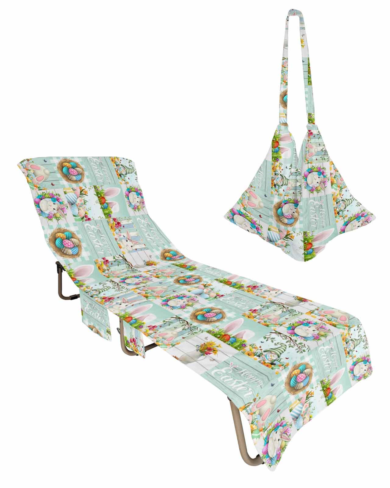 Spring Easter Beach Lounge Chair Towel Cover, Soft Chaise Lounge Towel with Side Pockets Patio Pool Chairs Cover for Beach/Pool Sunbathing 29x85 Bunny Floral Botanical Colorful Eggs Plaid
