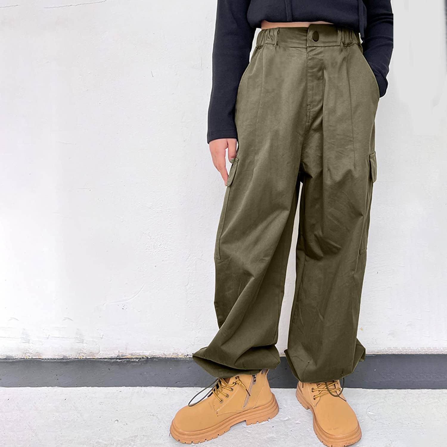 Rolanko Pantalon Cargo pour Filles, Pantalon Baggy en Coton à Taille Elastiquée avec Plusieurs Poches pour Les Enfants de 6 à 15 Ans