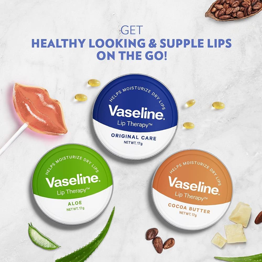 Vaseline Lip Balms - THREE 20g Pocket Size Tins - Aloe Vera, Cocoa Butter, Original - Lip Repair Therapy Protects Dry Cracked Lips - Image 4