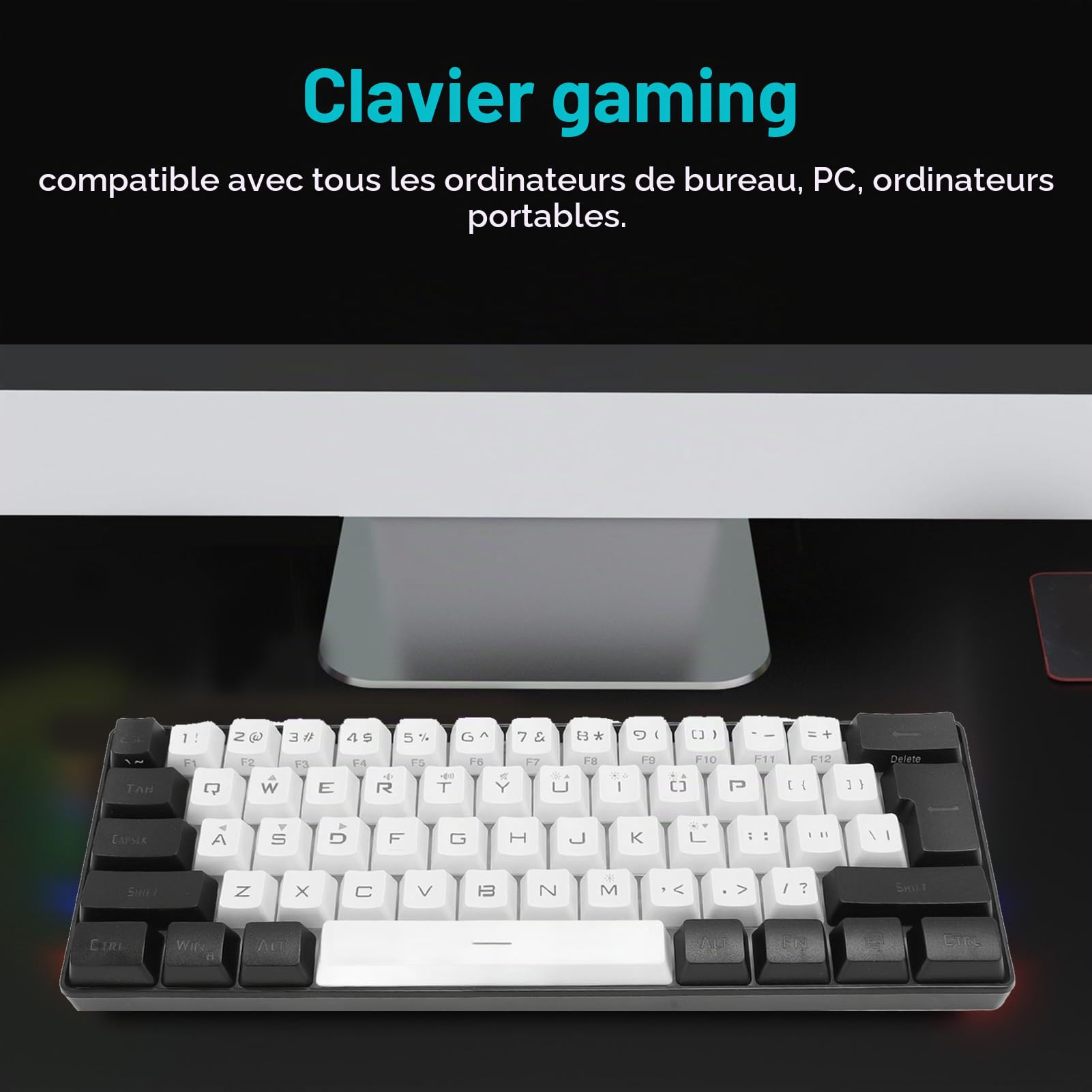 Sxhlseller 60% Mini Clavier de Jeu, 61 Touches Clavier USB Ergonomique rétroéclairé RVB, Clavier D'Ordinateur USB Filaire Programmable pour Ordinateur Portable de Bureau Windows (Blanc Noir)