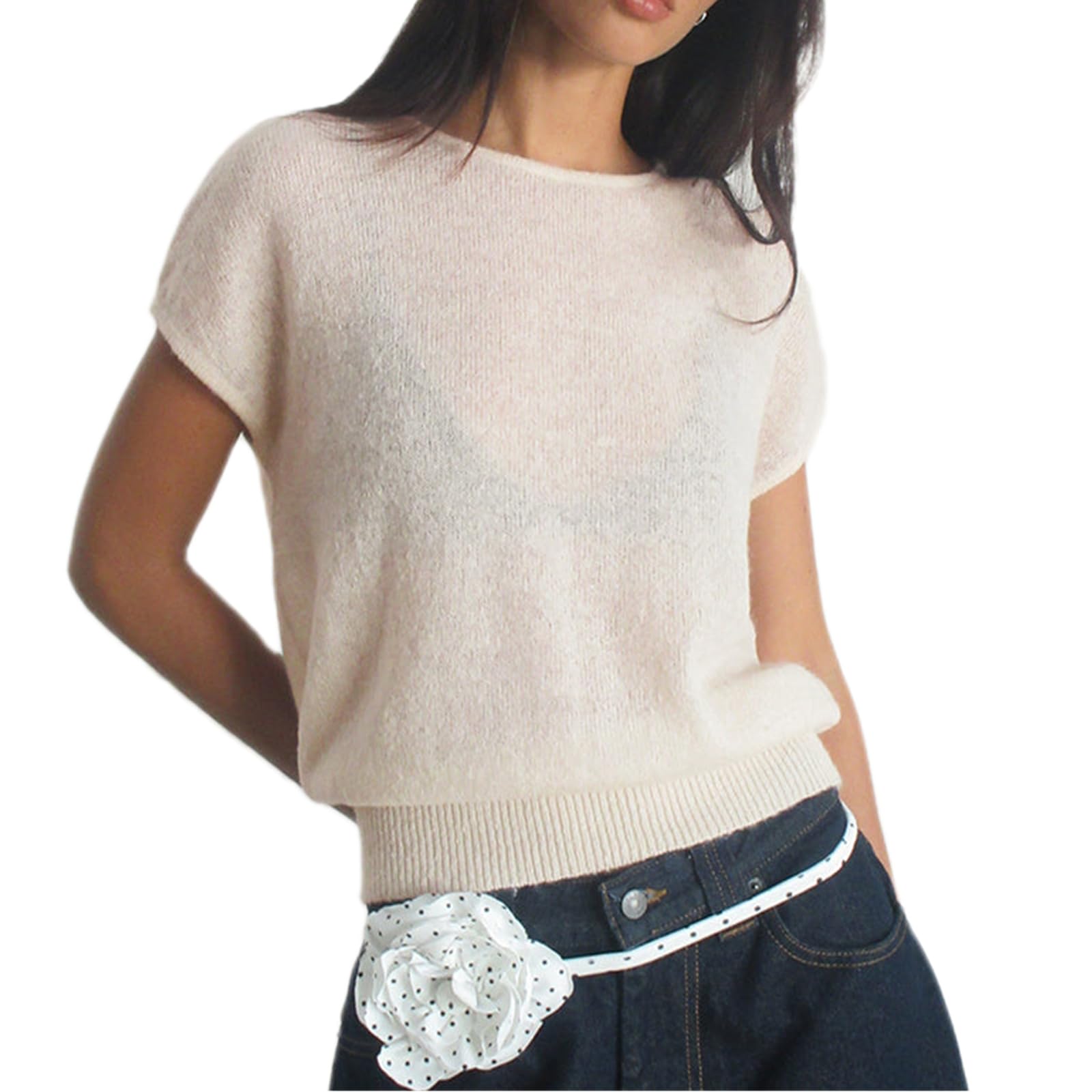Womens Cap Sleeve Knit Tops Casual Crew Neck Lightweight Sweater Pullover Vest Tops