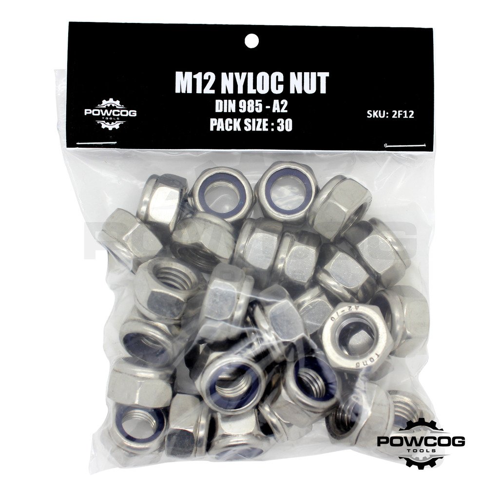 Powcog M12 Nyloc Nut - A2 Stainless Steel Lock Nuts Grade 304 Metric - Din 985 - By Powcog® - Pack Of 30