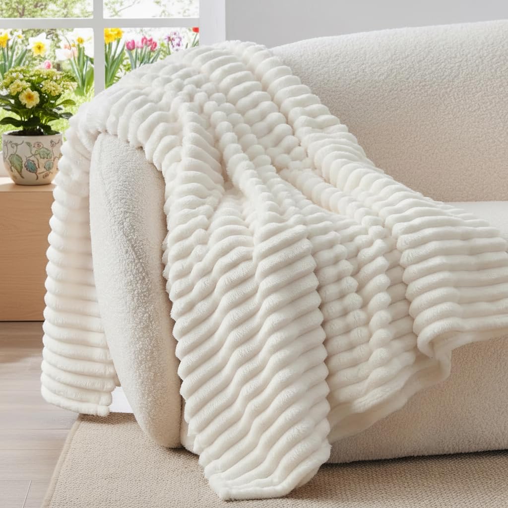 BEDELITE Kuscheldecke Flauschig Decke 150x200 - weiche XL Flanell Decken Elfenbein Weiß für Couch, Deko Streifen Cord Fleecedecke Weiss als Couch Überwurf für Wohnzimmer, Twin Blanket Wide Use