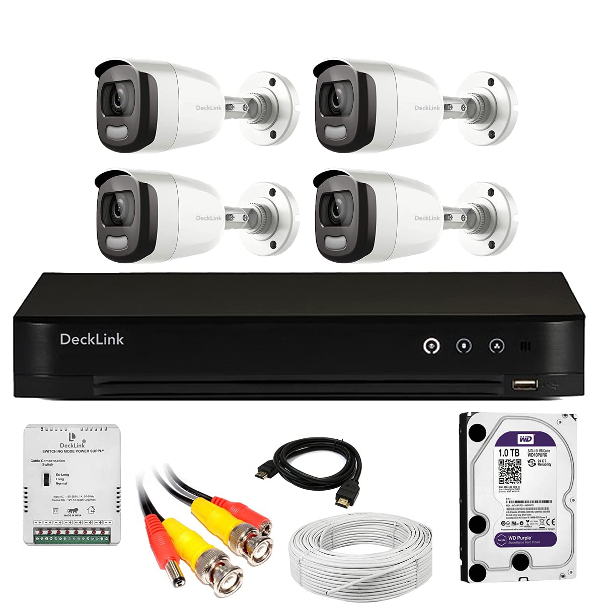 DeckLink 2.4MP Full HD Day/Night Colour CCTV Camera 4 Bullet + 4CH Full HD DVR with 1TB Survillance Hard Disk Full Combo Set-image-49