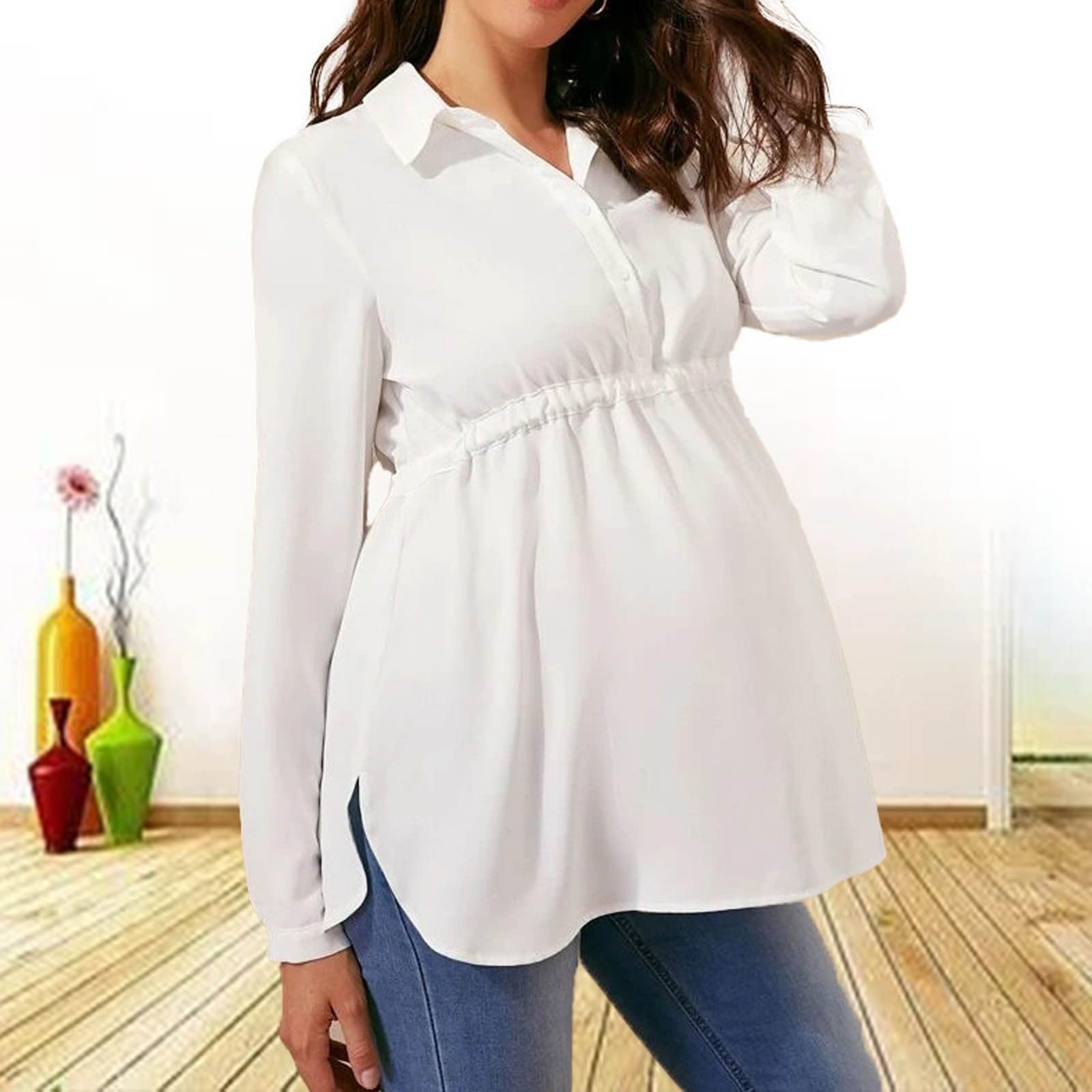 Umstandsshirt Damen Langarm Modisches Hoch Tailliertes Stillshirt Elegant Umstandstops Schwangerschafts Oberteil Bequem Schwanger T-Shirt Umstandsmode Umstandsshirt Mit Bindeband Und V-Ausschnitt