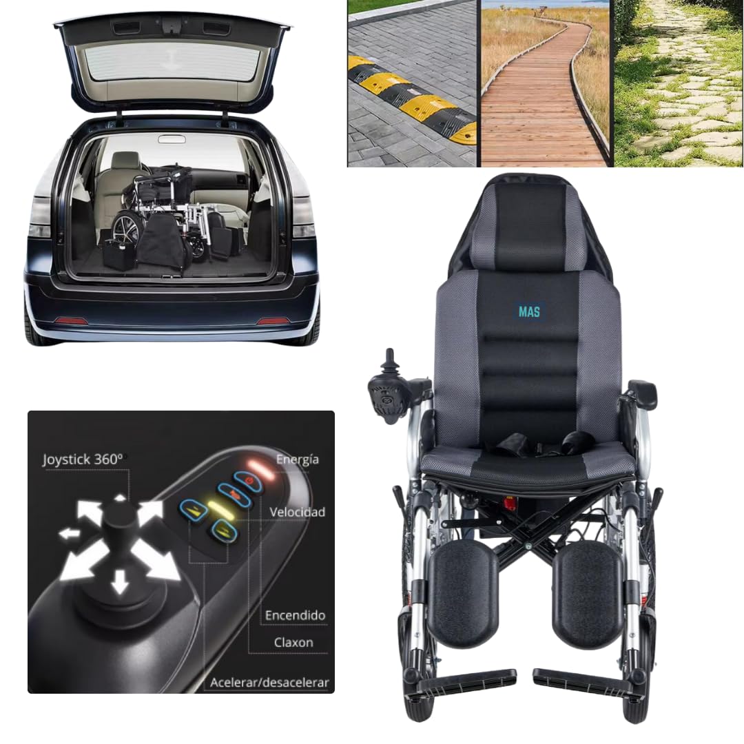 Silla de Ruedas electrica Reclinable con Reposacabezas, Silla de Ruedas Electrica Plegable Ligera Adultos, MAS Mobility Aid Social, Marca Española, Silla de ruedas eléctrica con amortiguadores, 25 Km