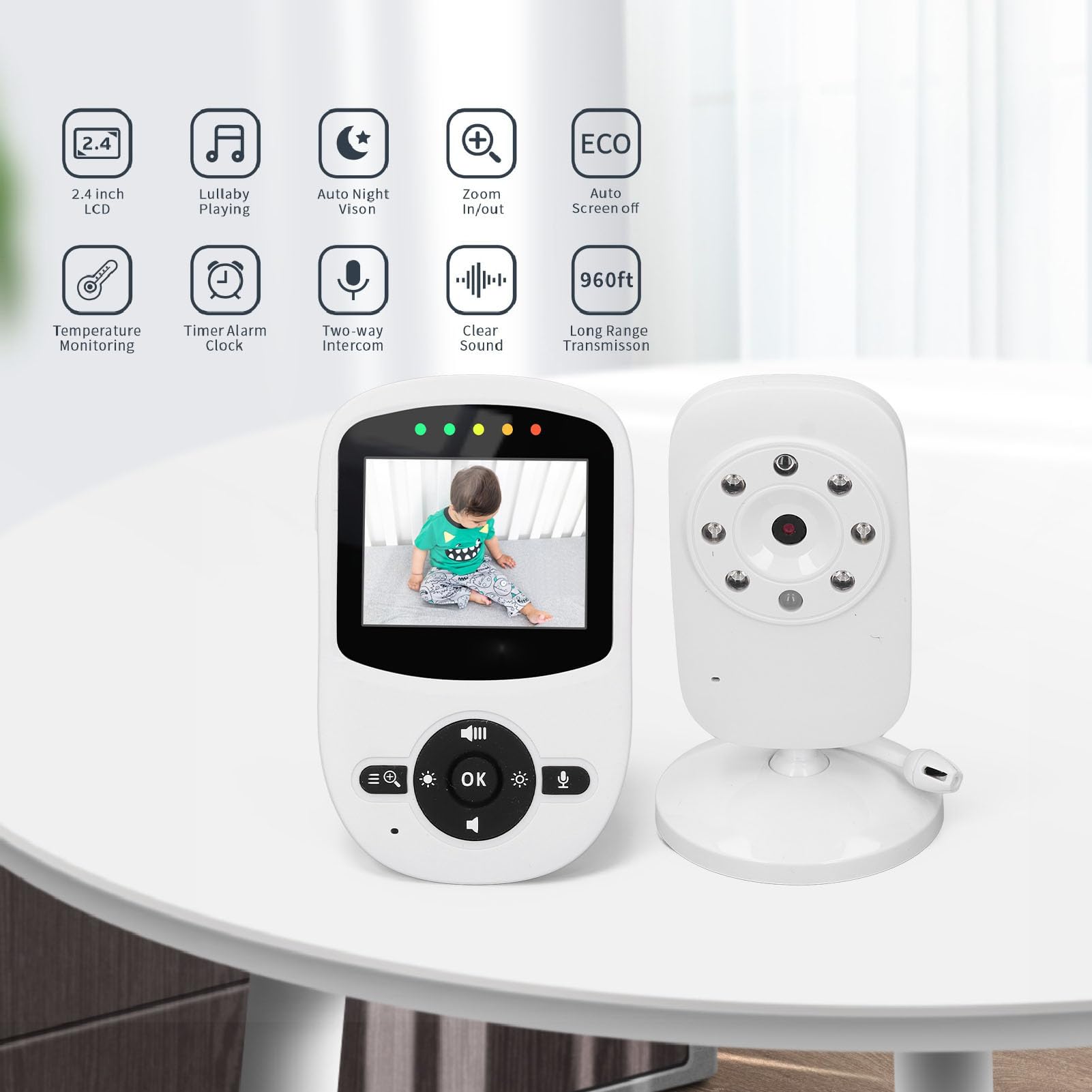 Fyearfly Caméra de Soins pour bébé + Kit Vidéo, Caméra D'affichage à Distance pour Enfants et Audio Écran Couleur 2,4 Pouces 2,4 GHz FHSS Vision Nocturne Détection de Mouvement Capteur de