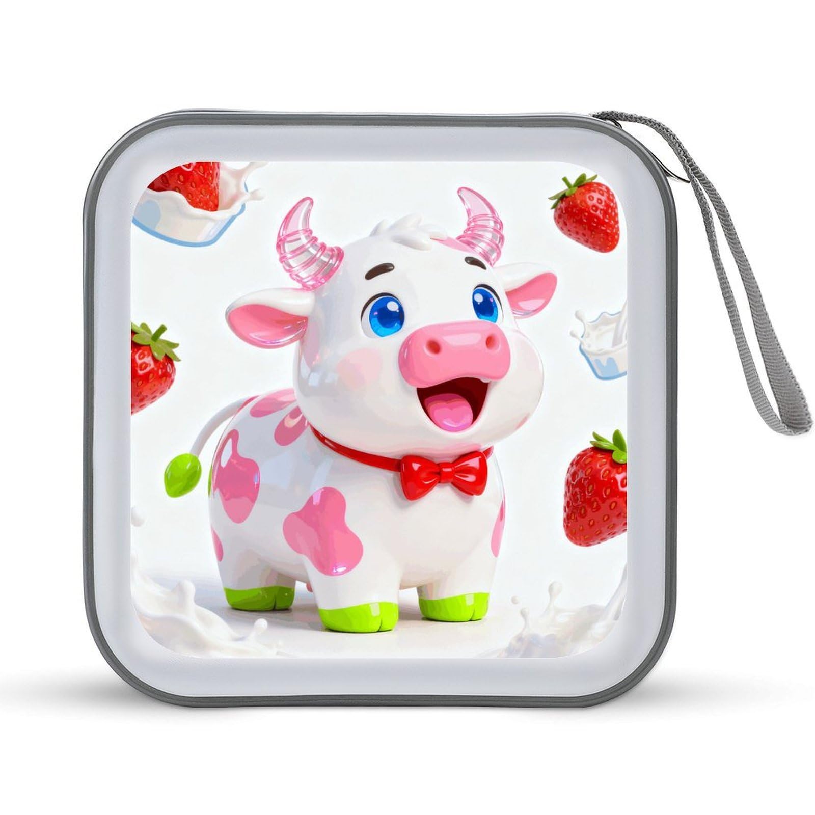 VstaDank Strawberry Cow CD Case, Portable CD Sleeve Zipper-Style CD/DVD Wallet, Anti-Scratch CD Storage Pouch, Plastic CD Case for CDs, DVDs, Blu-rays, Vinyl Records