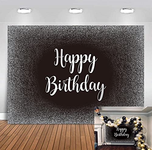 Black and Silver Happy Birthday Backdrop Father's Day Grey Glitter Photography Background Men Women Adult Birthday Decoration Supplies 8x6FT