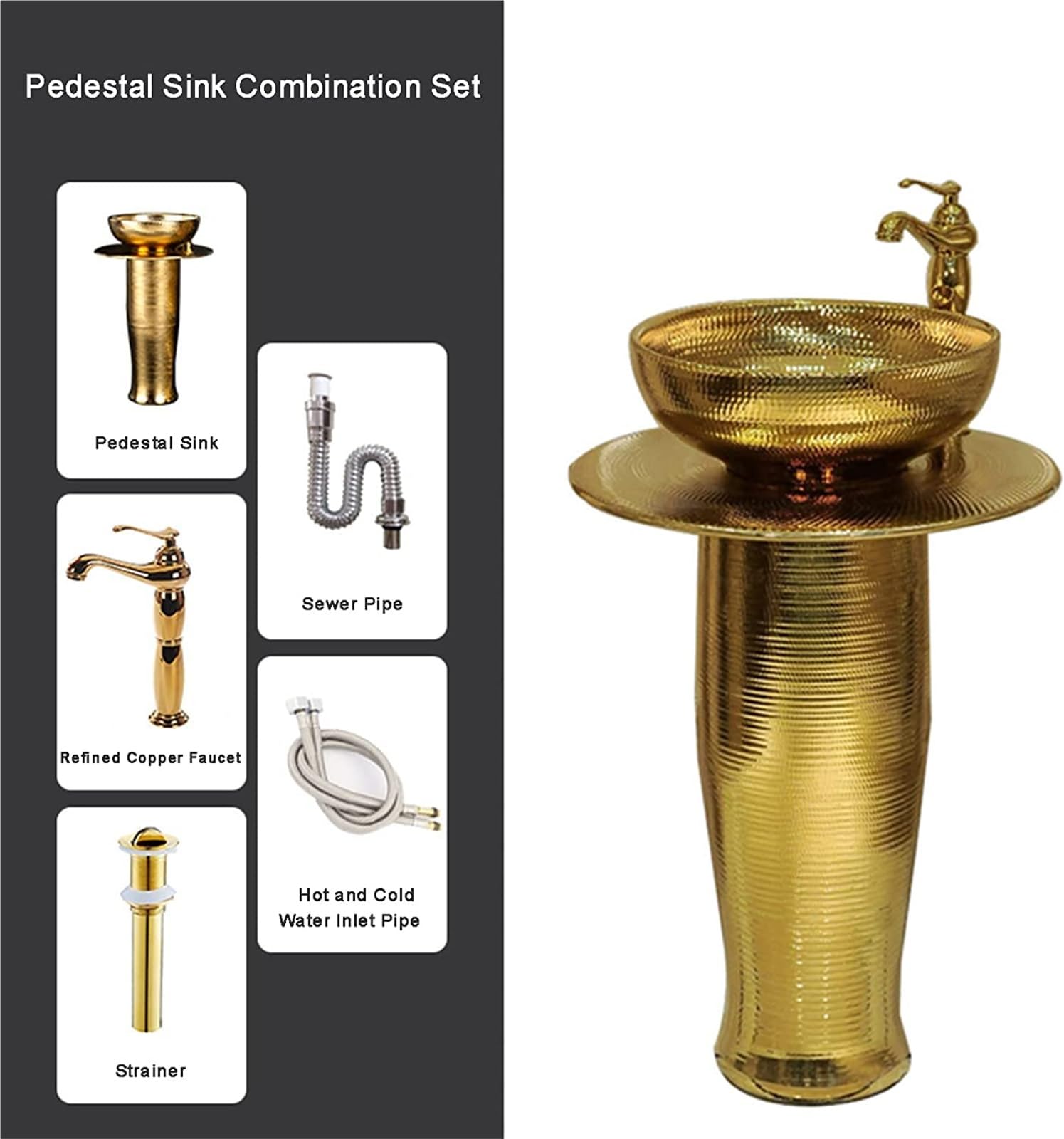 Umywalka Łazienkowa Nablatowa, Ceramiczna Umywalka Łazienkowa Na Postumencie, Elegancka, Jednoczęściowa Umywalka Na Postumencie, Złota, Okrągła, Wolnostojąca, Ceramiczna,Withoutmirror