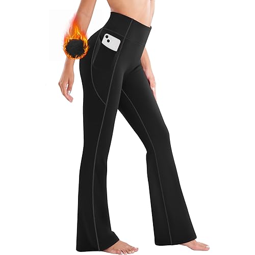 Ewedoos Fleece Lined Pants Women Thermal Yoga Pants with Pockets High Waist Warm Pants Winter Flare Leggings for Women