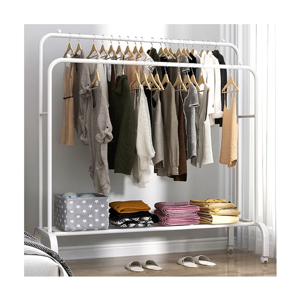 FGXHHS Freestanding Clothing Rack with Shelves and Wheels, Double Rail Garment Organizer for Bedroom Closet Storage