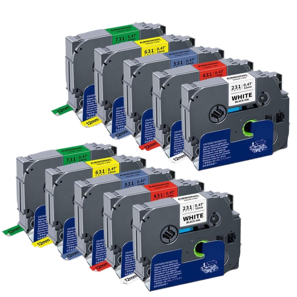 Nastro per etichette da 10 pezzi 12mm TZ231 TZe231 Nastro a cassetta nero su bianco compatibile con etichettatrice(10PK Mixed Color)