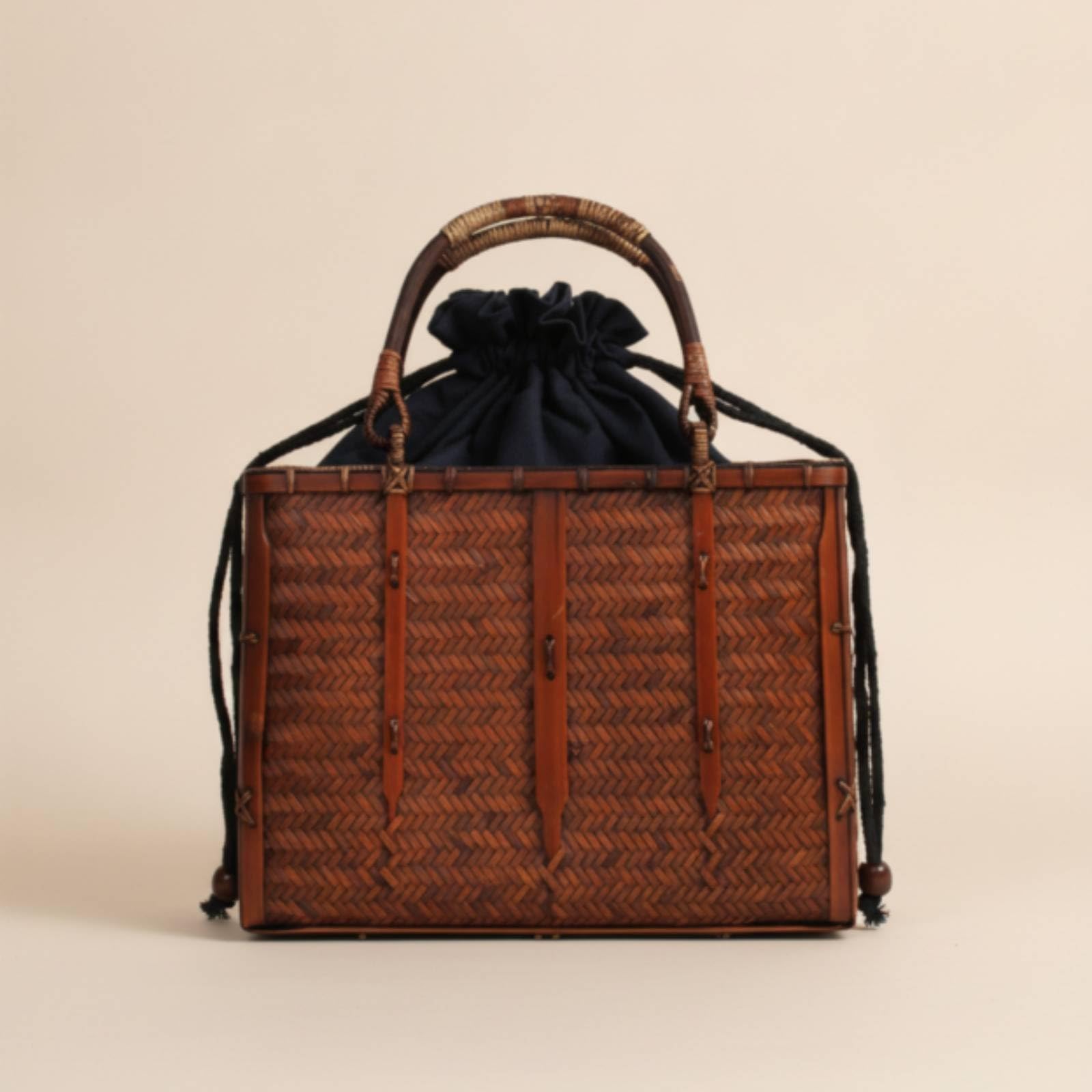 Cesta Bambú con Asa Artesanal Bolso Bambú Tejido Cesta Tejida a Mano con Forro Extraíble para Mujeres, Picnic, Playa, size to 1