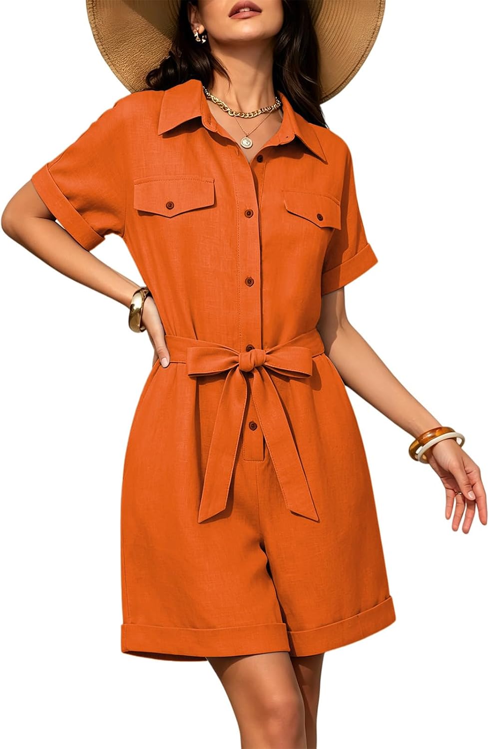 ZWRXW Summer Rompers for Women Linen Cargo Jumpsuit V Neck Short Sleeve Button Up Short Jumpsuit Overalls Vacation Outfits