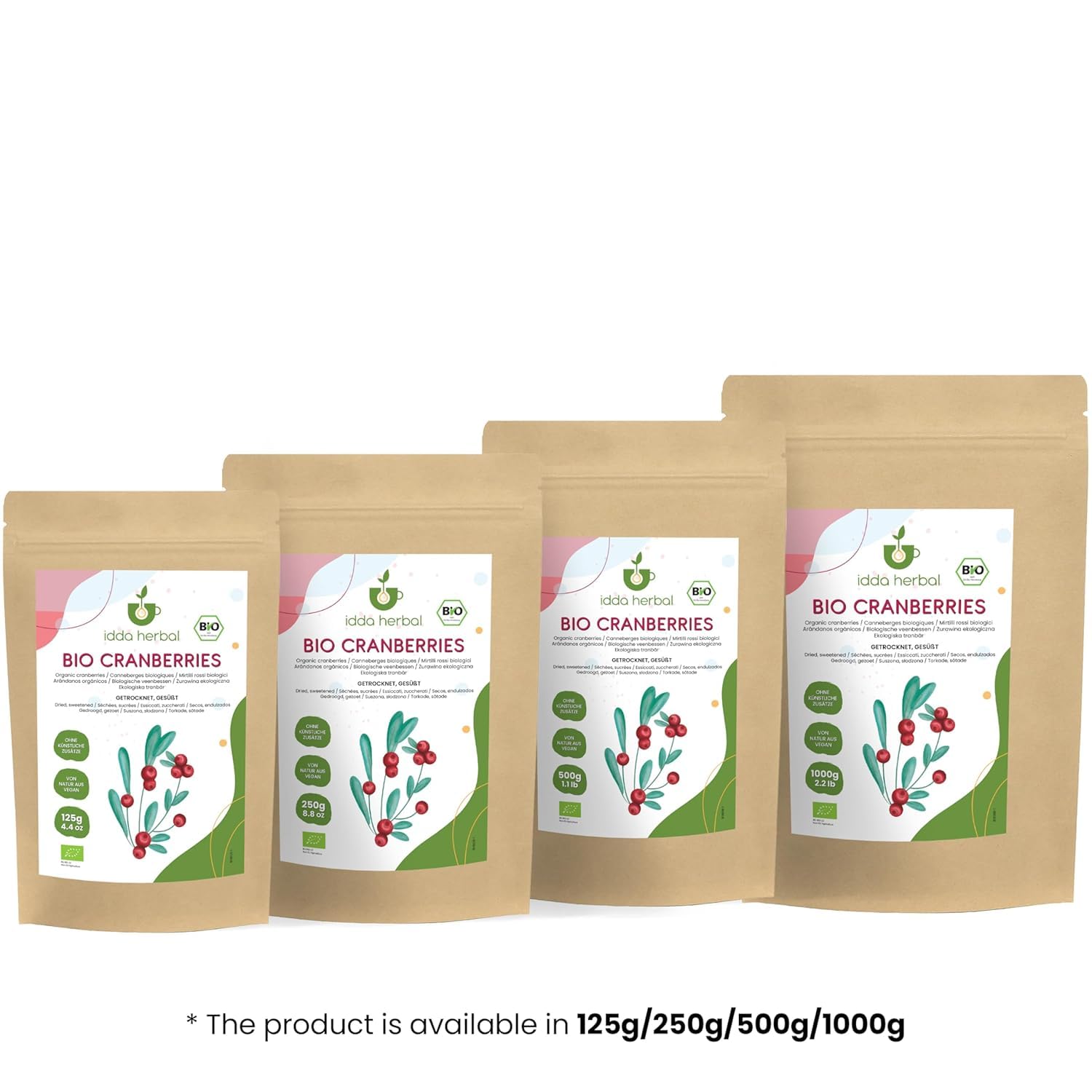 IDDA Herbal Ekologiczna Suszona Żurawina 250g, Całe Owoce Żurawiny, Słodzone Sokiem Owocowym