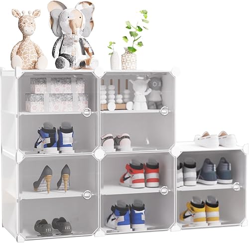 Miniatura 8 de Loyalheartdy Organizador de 96 pares de zapatos, zapatero de plástico de 12 niveles con puerta, blanco, 18.7 pulgadas de alto