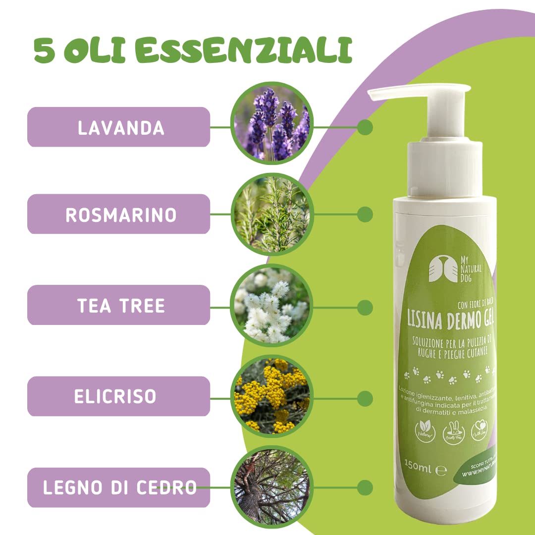 LISINA DERMO Gel - Pulizia delle Rughe e delle Pieghe cutanee del Cane - Utile in Caso di dermatite atopica e malassezia-Formula Naturale Human Grade con Oli Essenziali e Fiori di Bach