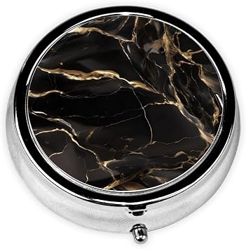 Portable on-The-go Pill Box, Black Gold Marble Round Pill Box, fits in Your Purse Pocket Lightweight 3 Compartment Pill Box,