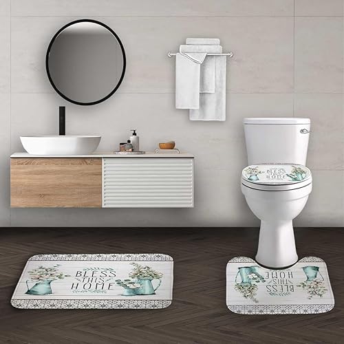 Miniatura 5 de Juego de 4 cortinas de ducha de granja, flores de algodón blanco, jarrón verde menta, hojas de eucalipto, decoración de baño rústica, cortina de