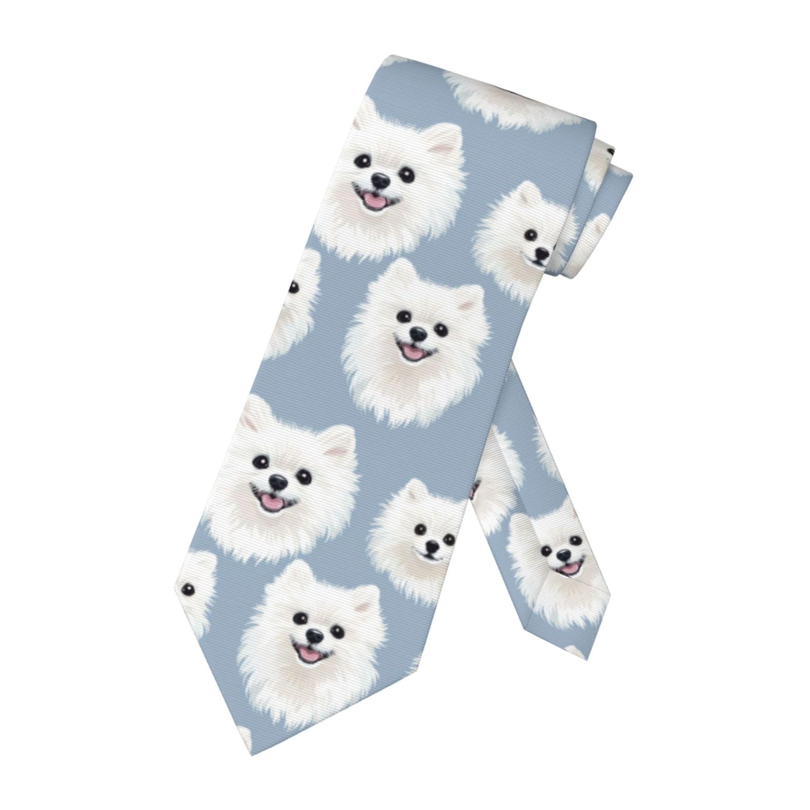 Men's Tie Necktie Funny Novelty White Pomeranian Dogs Head Neckties for Men Formal Party Business Regular Length Neckties Soft Ties Designer Wedding