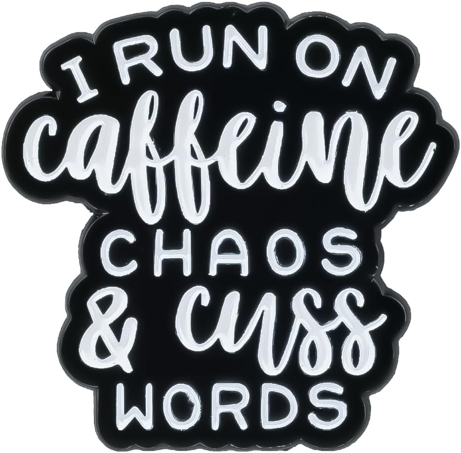 I Run On Caffeine Chaos & Cuss Words Sarcastic Office Humor Enamel Pin, Chaotic Coffee Addict Pin Brooch, Sarcastic Gift For Sassy Coffee Lover Barista, Funny Workplace Sarcasm Brooch Badge For Sassy Friend Coworker, Chaos Humor Lapel Badges, Funny Work Quote Accessory