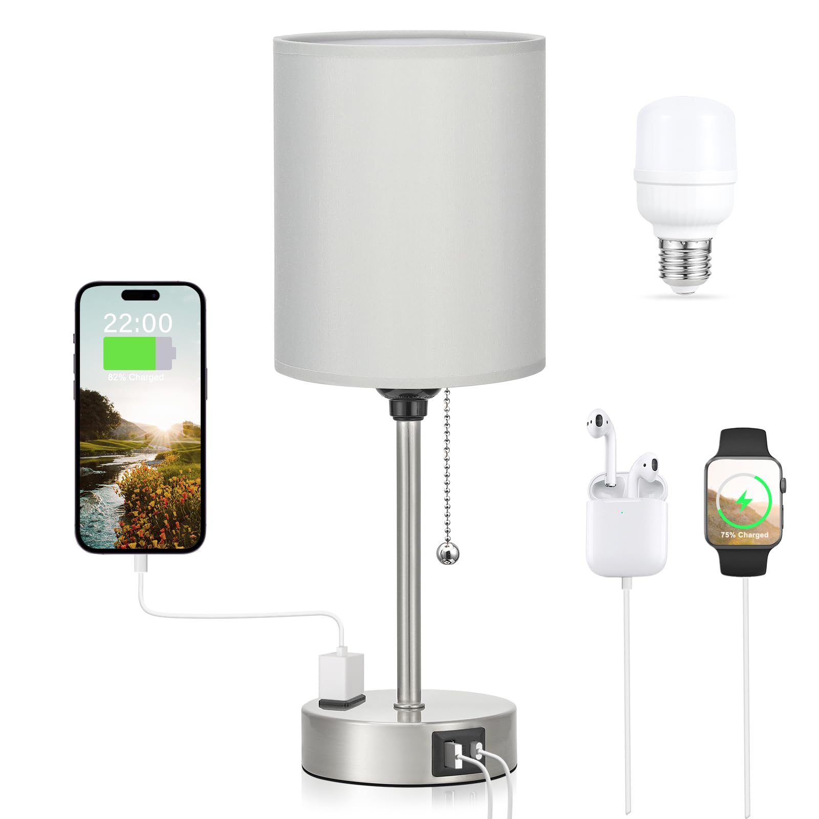 Dicoool Grey Bedroom Lamp for Nightstand - 3 Color Temperature Table Lamp with USB C and A Ports, Pull Chain Bedside Lamp with AC Outlet, Desk Lamp with Silver Metal Base for Kids Girls