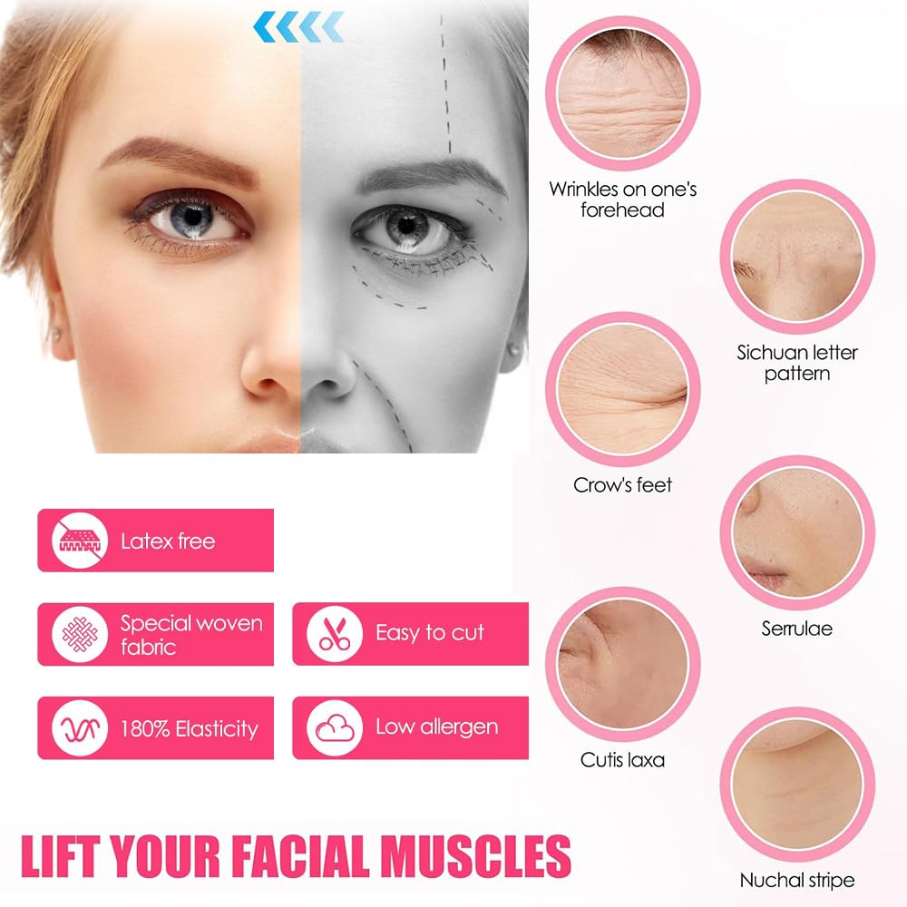 4 Piezas Cinta Kinesiologica Facial Cinta de Estiramiento Facial Parches Antiarrugas para Reafirmar Piel y Restaurar Elasticidad 2.5cm x 5m