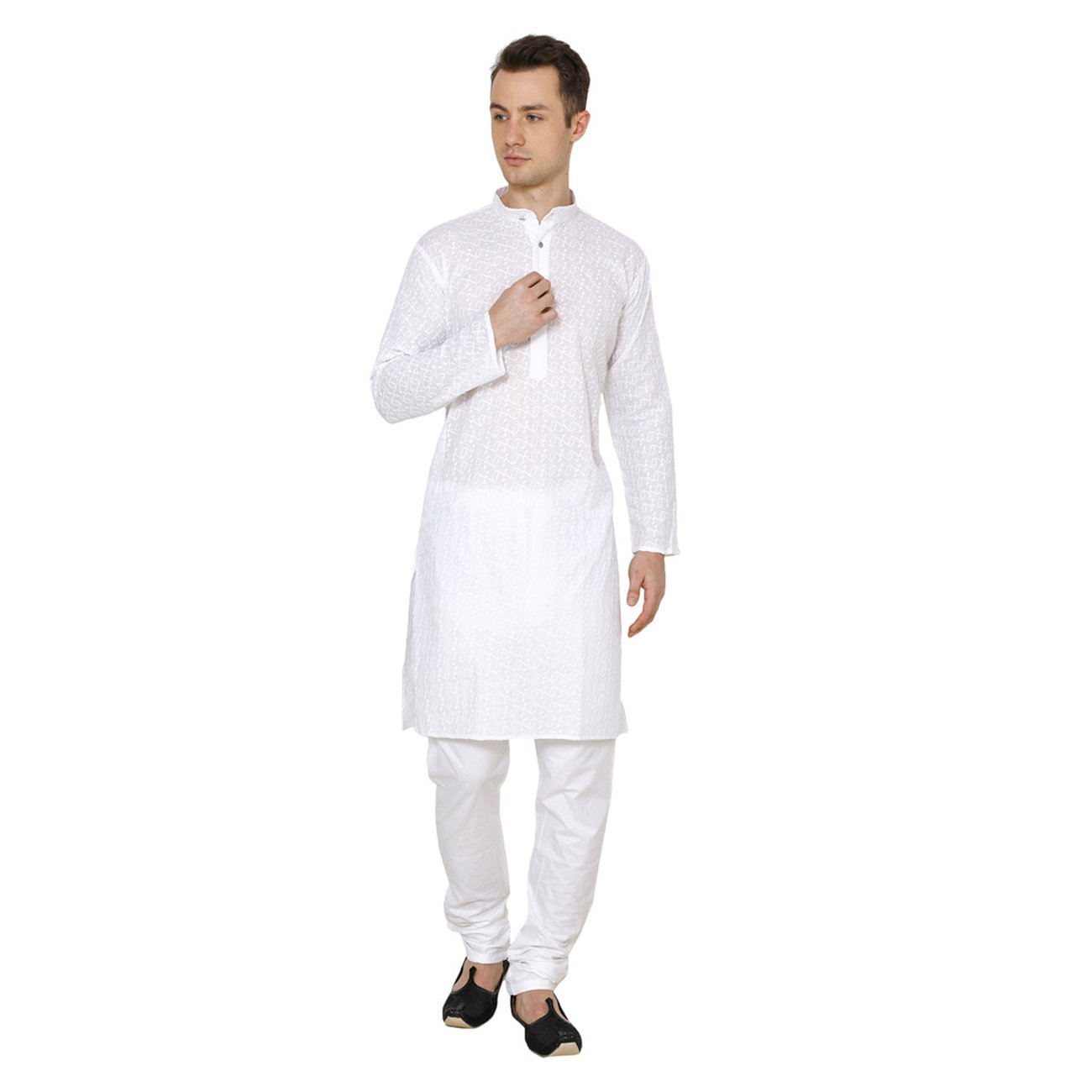 royal kurta Men's Cotton Lucknowi Kurta Pyjama White-picture-26