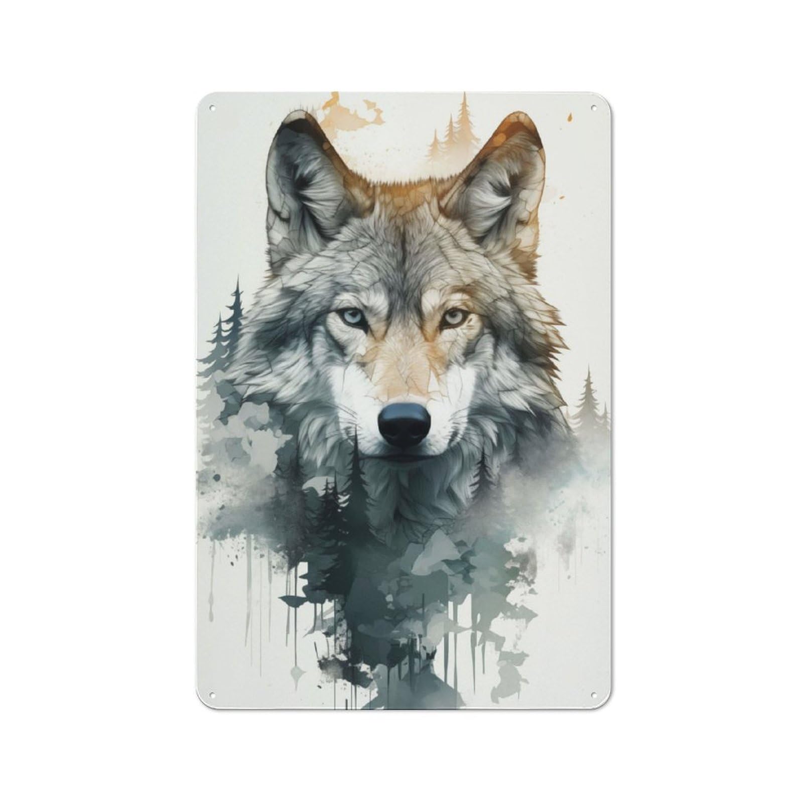 Junmoney Wolf Watercolor Vintage Metal Plaque 30X20cm Featuring For Pub Or Café, Suited To Café Interior Fans